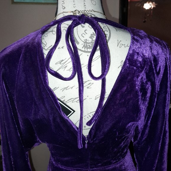 NWT Bridge Violet Velvet Open Back Tie Long Sleeve Zip Dolman Sleeve Party Dress - Picture 7 of 14